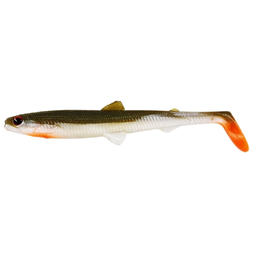 Pohled na štíhlou gumovou nástrahu Westin Bullteez Shadtail 9,5cm v dráždivé barvě Bass Orange